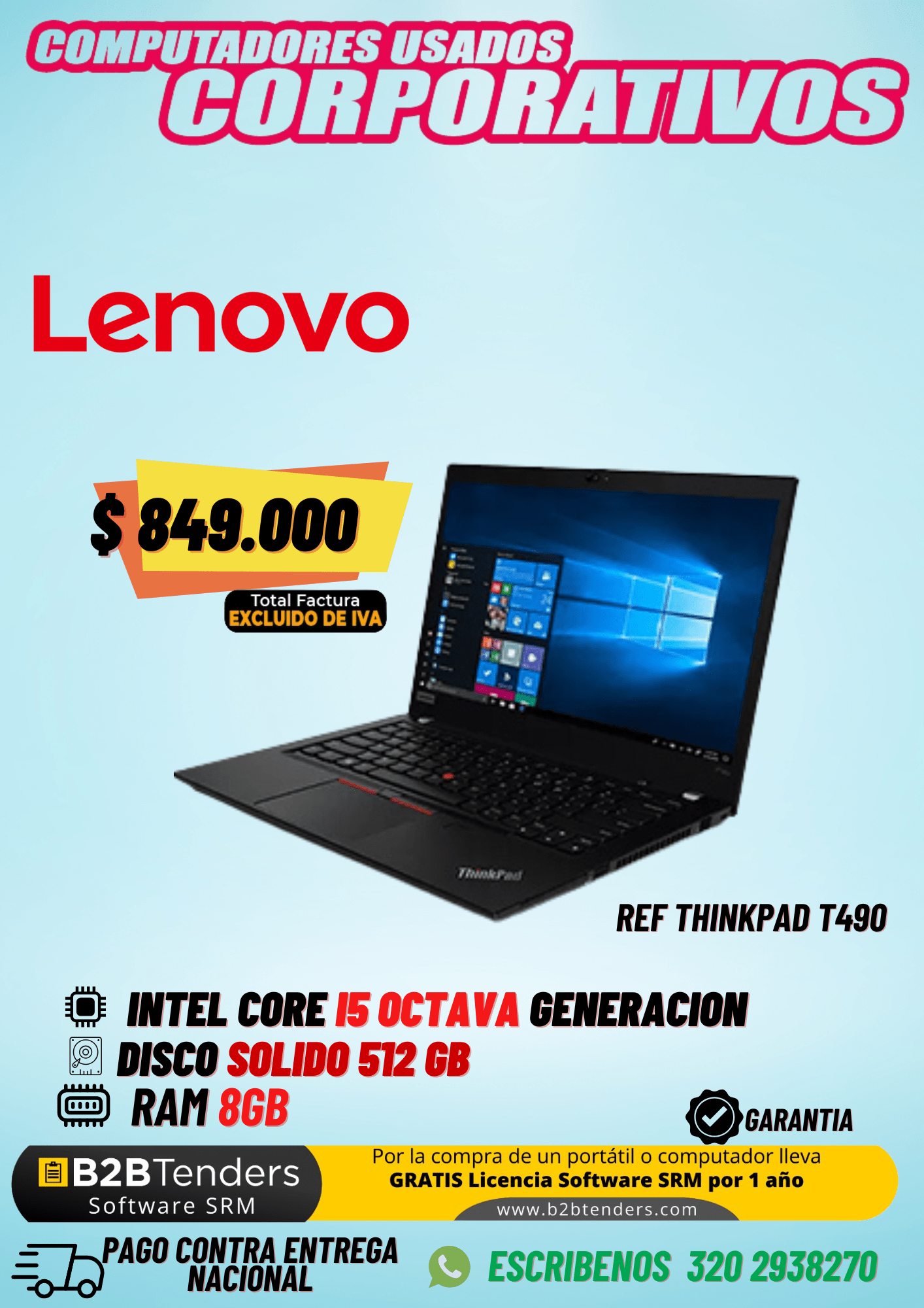 Lenovo ThinkPad T490 i5 8ª Gen | 8GB RAM + 512GB SSD – Excluido de IVA